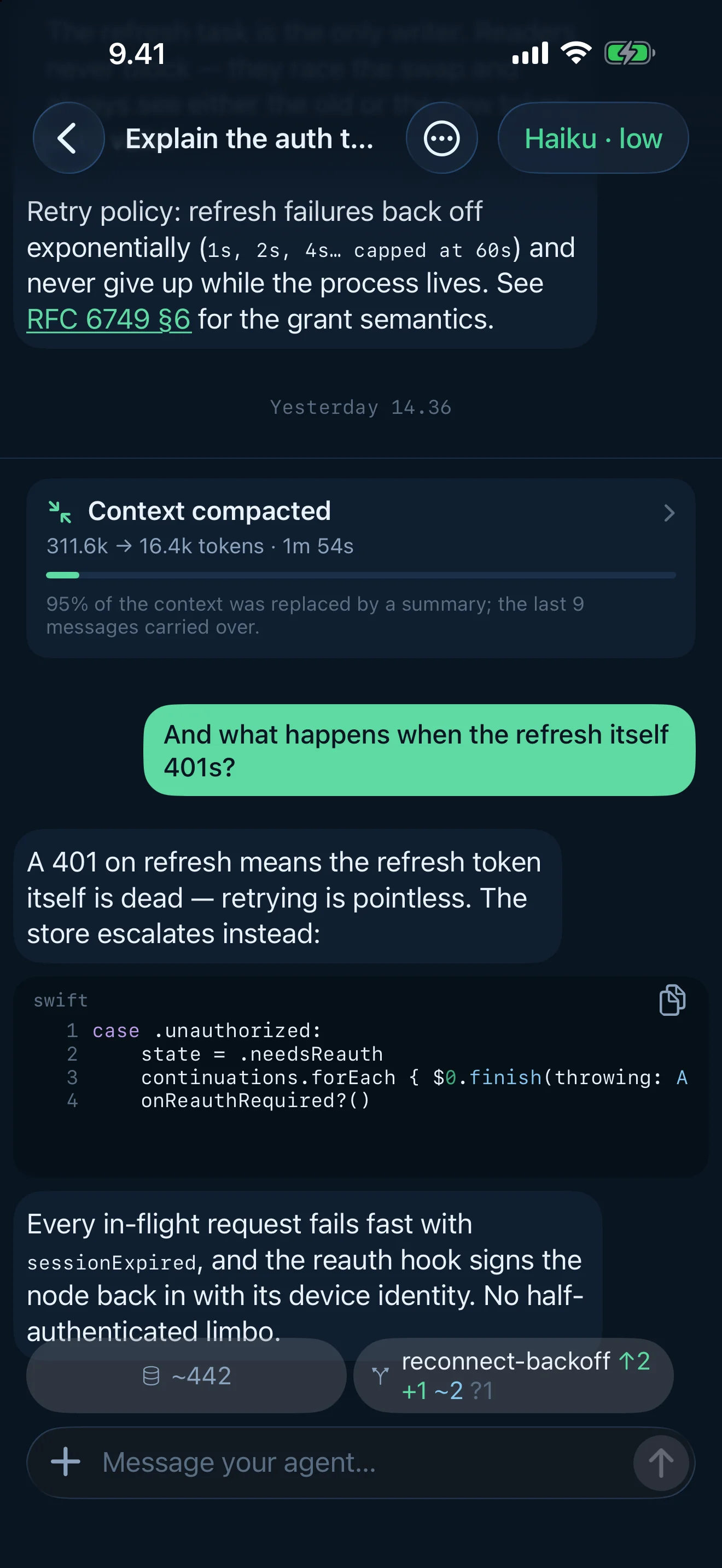 Tailscode on iPhone, Suomi dark: Context compacted, not lost — and you can read exactly what it kept