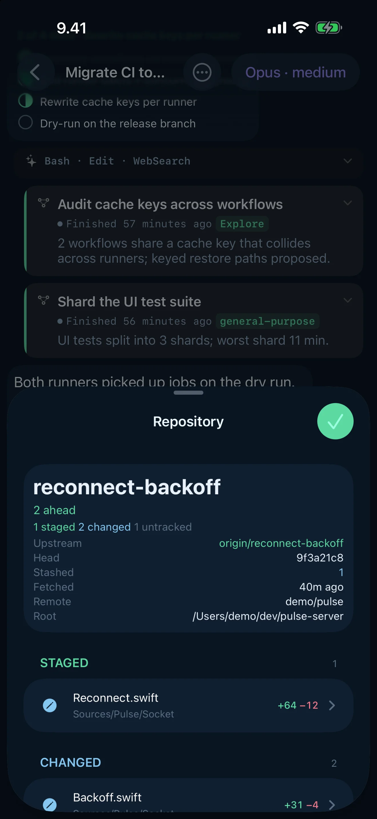 Tailscode on iPhone, Suomi dark: The repo read from the machine that owns it: branch, drift, diffs