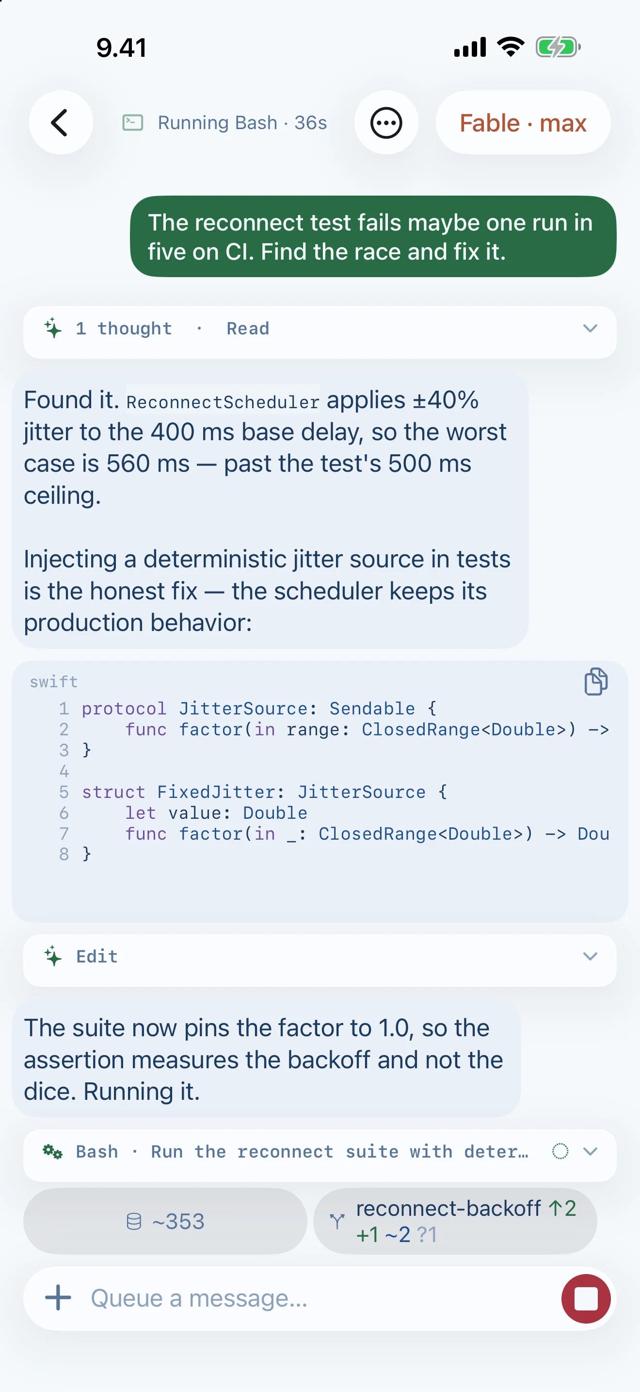 Tailscode on iPhone, Suomi light: A live turn: the thinking, the code it wrote, the command it's running