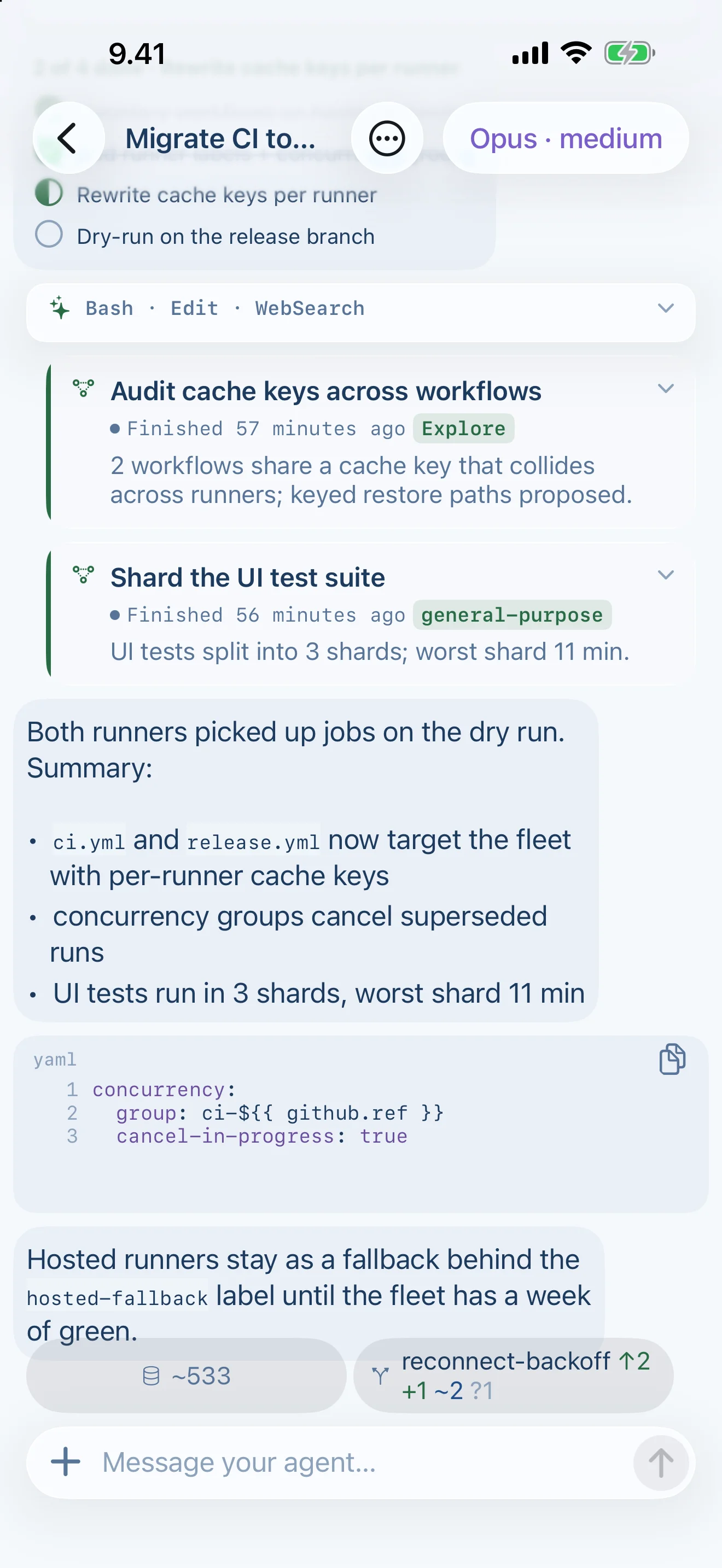 Tailscode on iPhone, Suomi light: A whole task end to end: todos, edits, subagents, and the summary