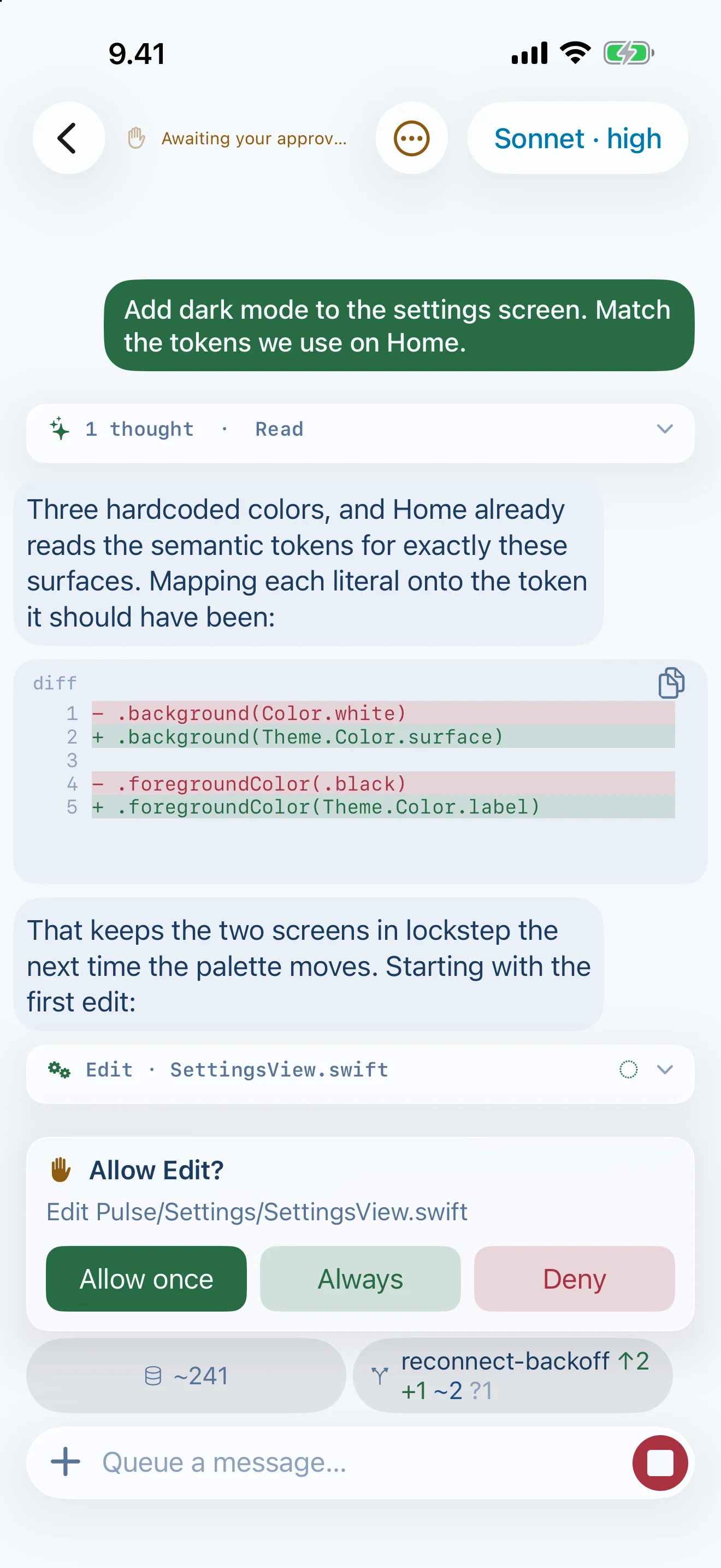 Tailscode on iPhone, Suomi light: It asks before it edits — allow once, always, or deny, right in the chat