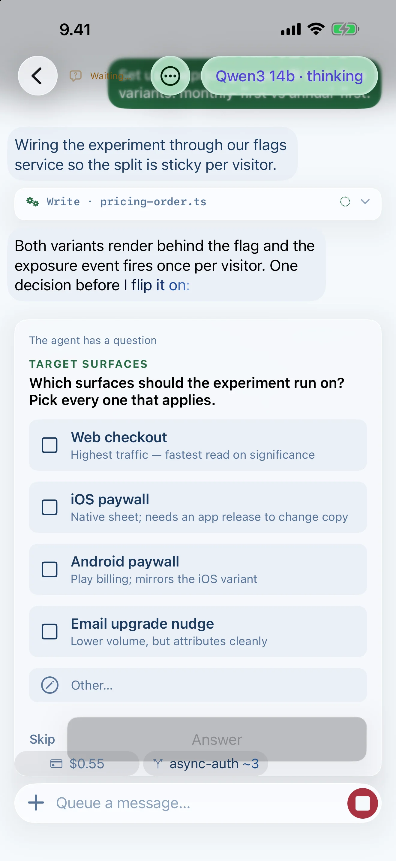 Tailscode on iPhone, Suomi light: Answer the agent's questions with a tap instead of guessing what it wanted