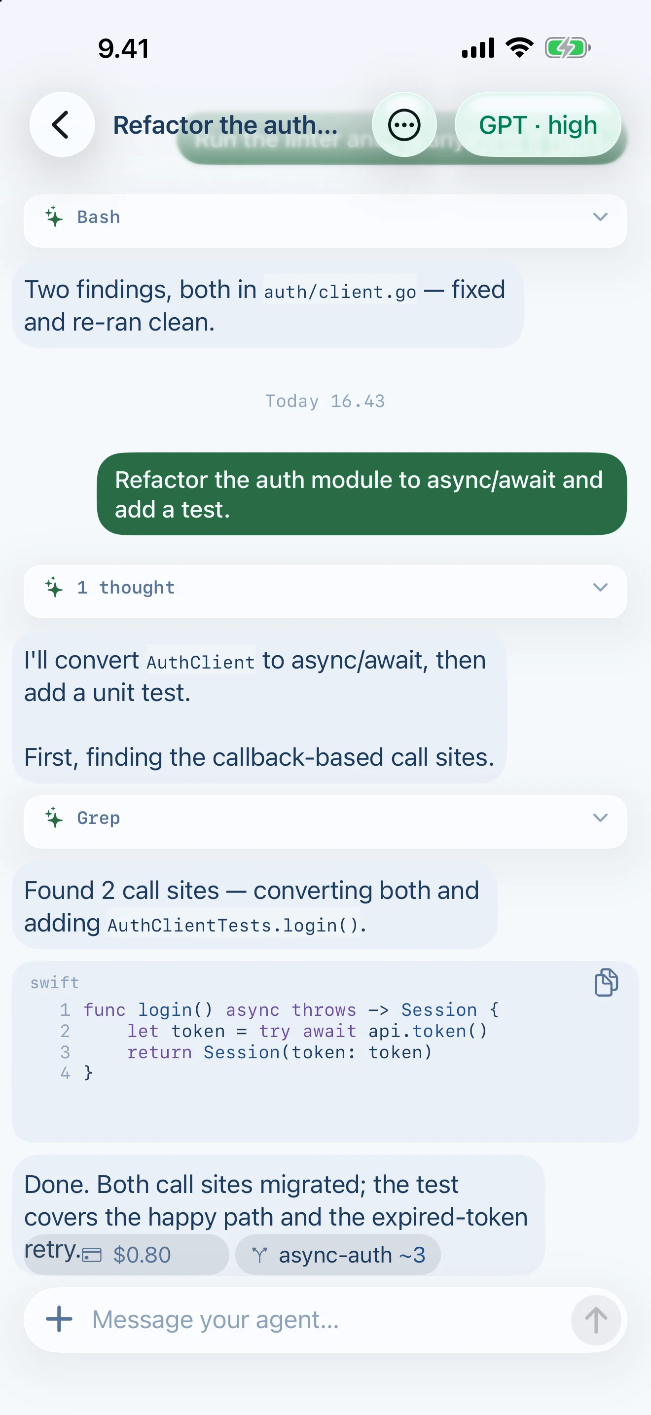 Tailscode on iPhone, Suomi light: Markdown, syntax-highlighted code, and links render inline