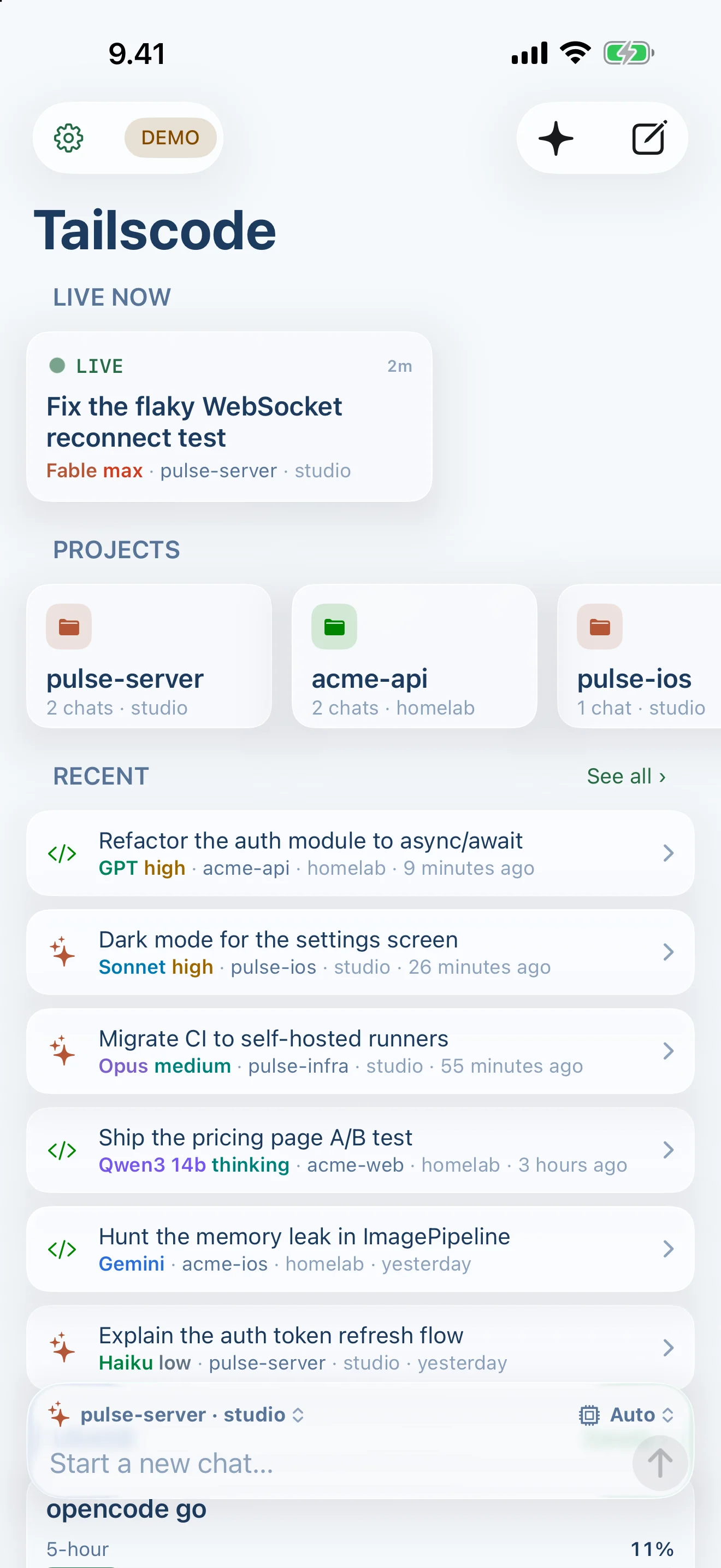 Tailscode on iPhone, Suomi light: Every agent and machine on one board, with a composer that starts the next chat