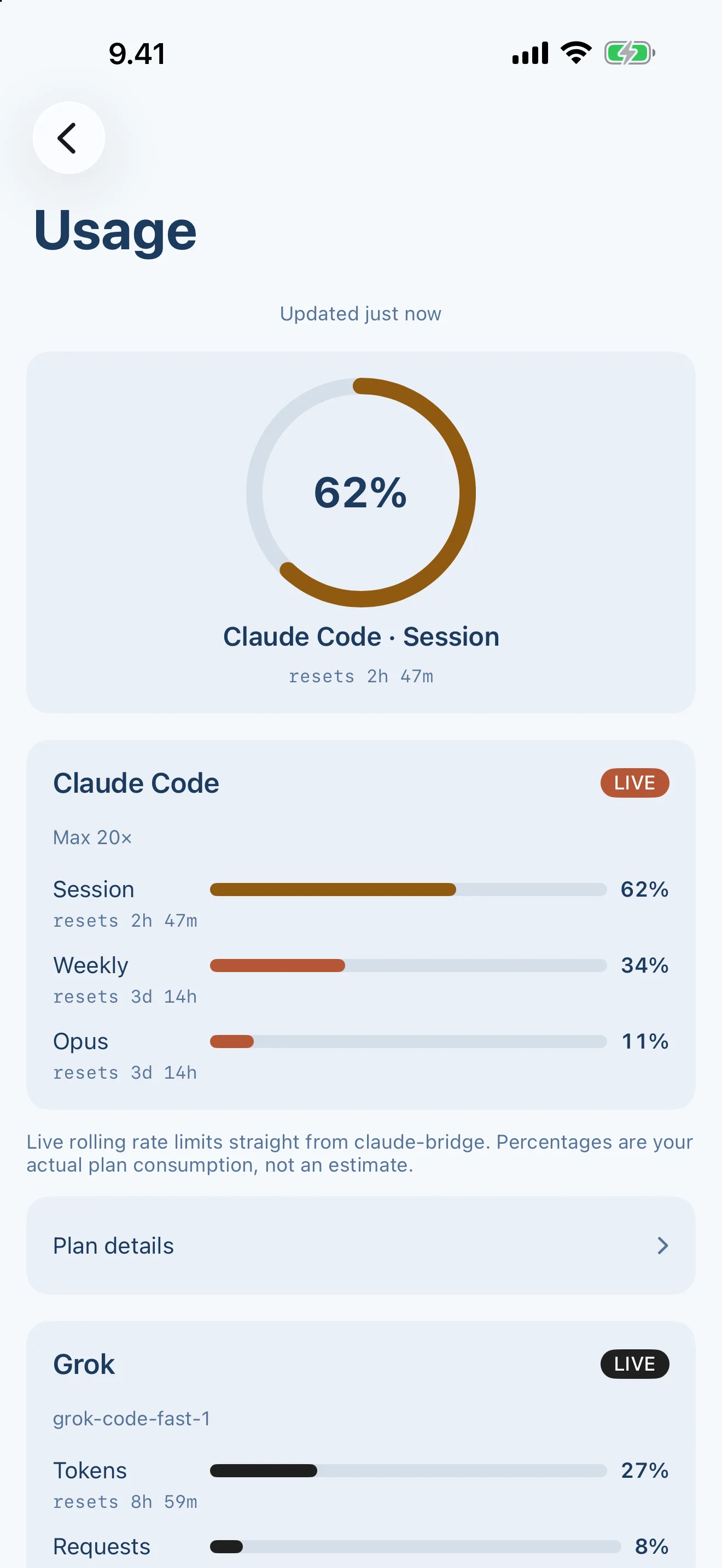 Tailscode on iPhone, Suomi light: Live plan and quota gauges straight from your own machine