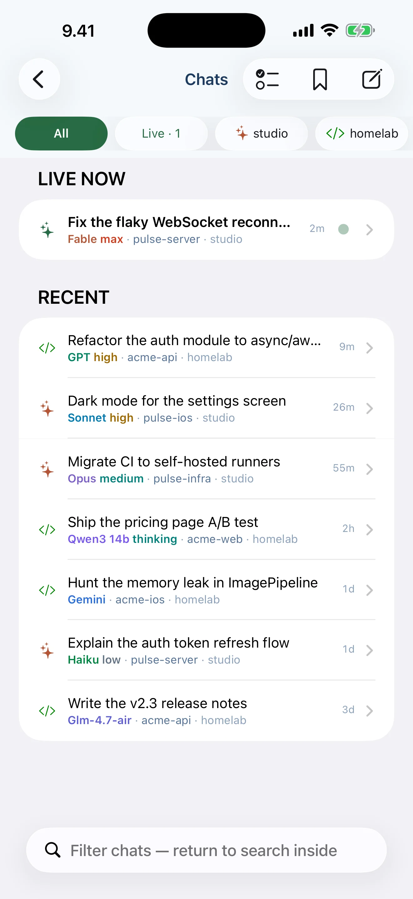 Tailscode on iPhone, Suomi light: Every chat across every machine, filtered and searchable