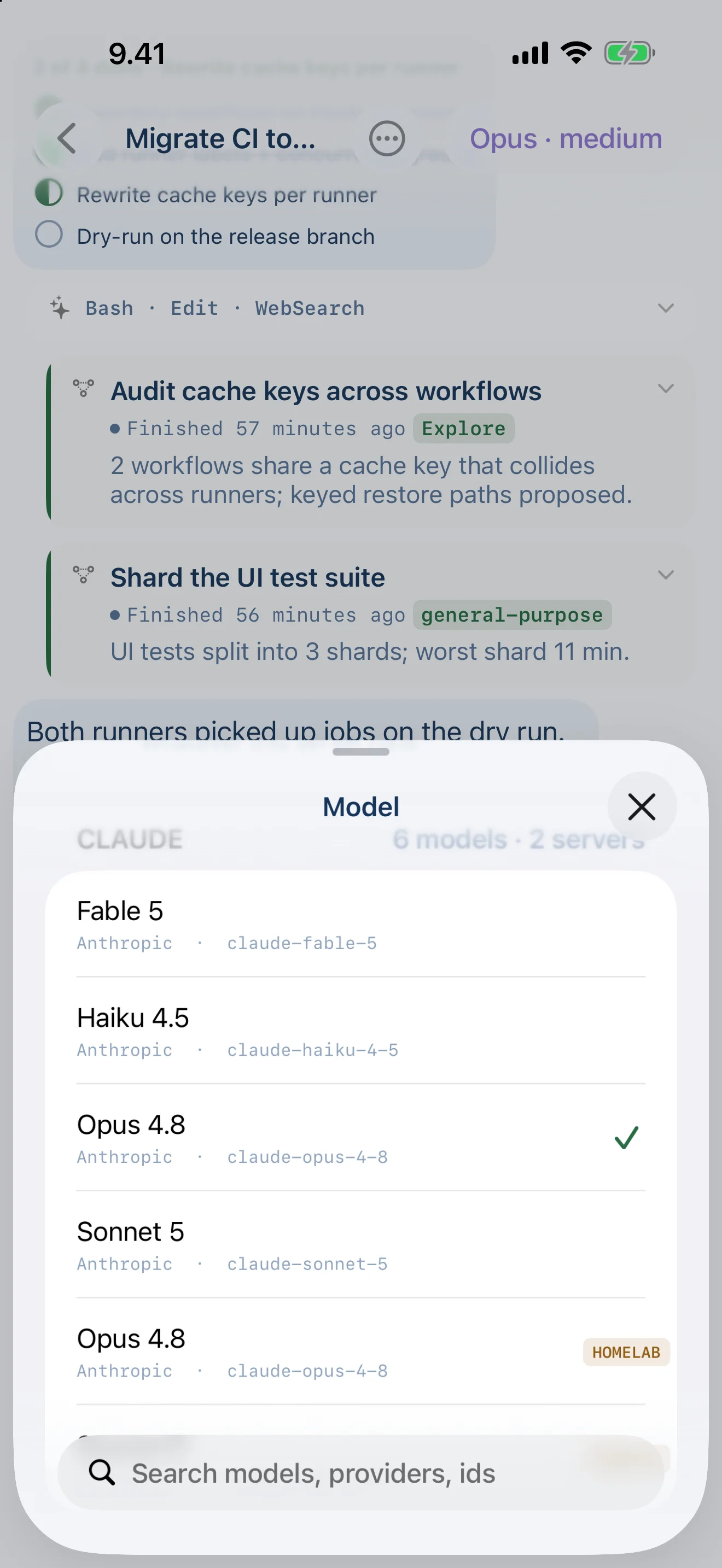Tailscode on iPhone, Suomi light: Any model, any reasoning effort, mid-conversation
