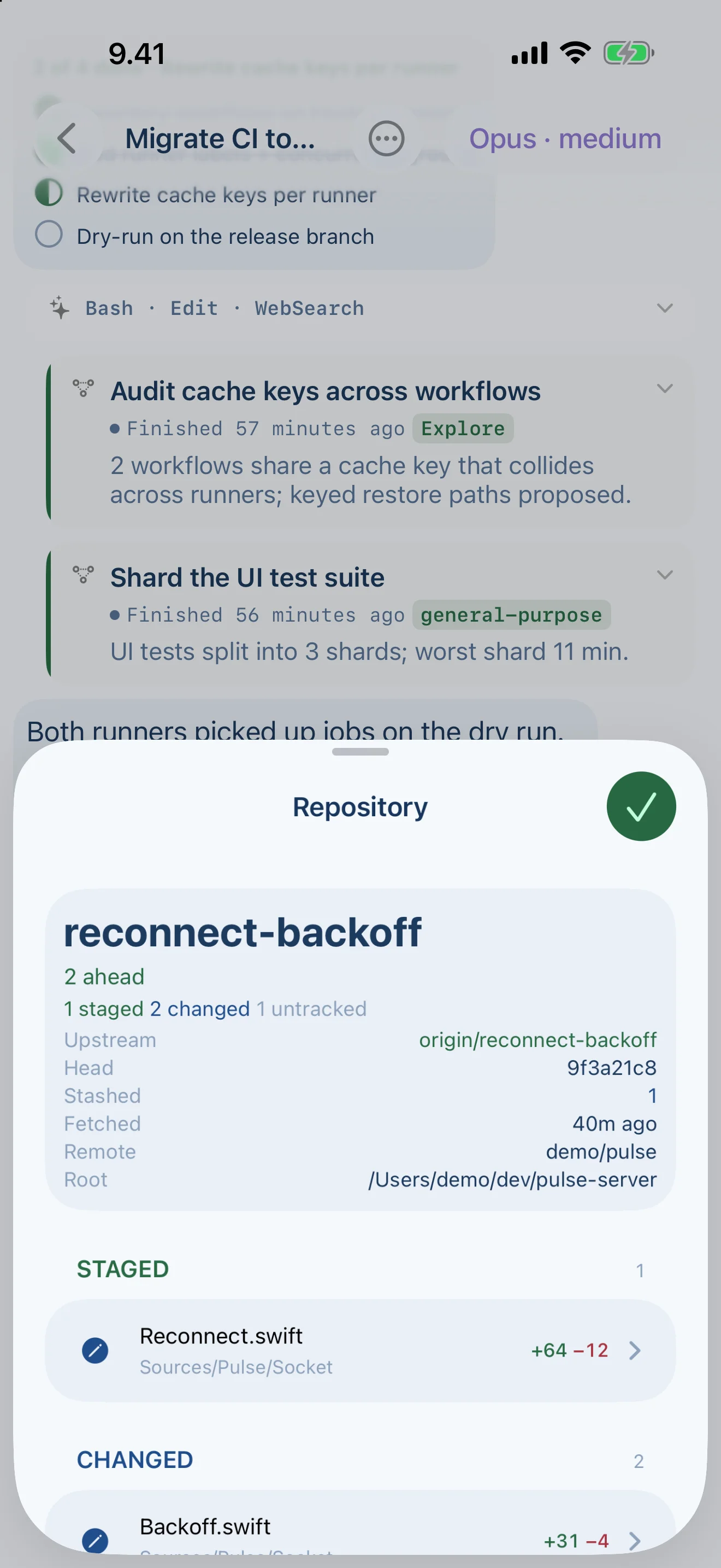 Tailscode on iPhone, Suomi light: The repo read from the machine that owns it: branch, drift, diffs