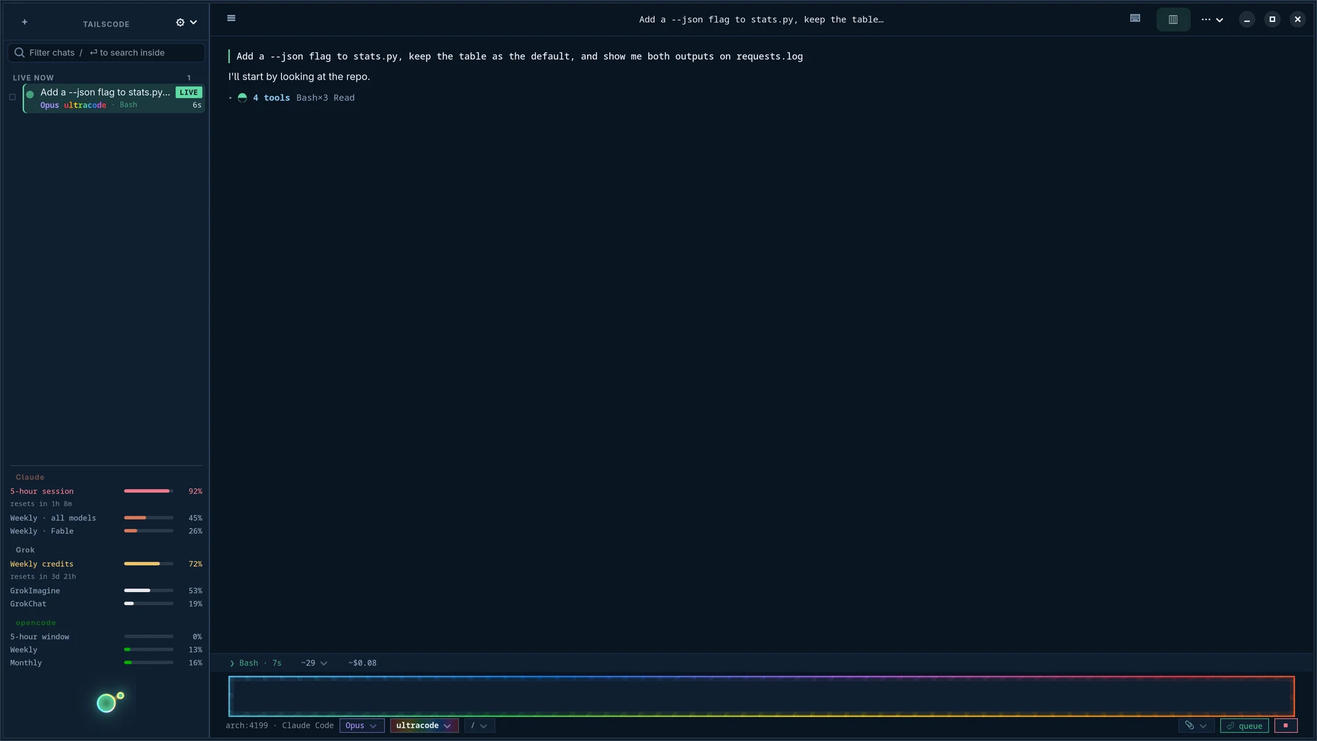 Tailscode for Linux seconds later: the same session live in the sidebar, transcript already streaming, no files pane